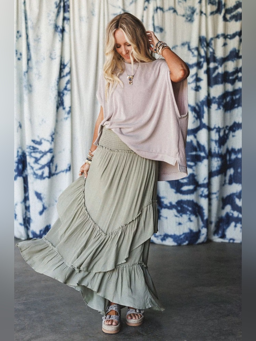 Three Bird Nest Boho Tiered Maxi Skirt in Olive Green - Picture 8 of 8